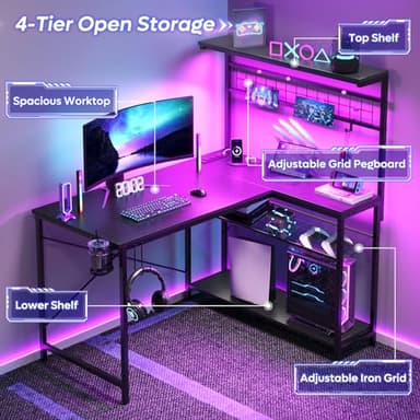 Bestier 42 L Gaming Desk,Computer Desk with Power Outlets, LED Lights, Reversible Corner Desk with 4-Tier Shelves,Cup Holder & Hook Carbon Fiber Black - Image 7