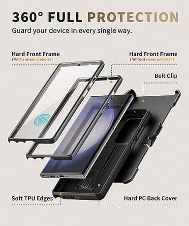 TONGATE for Samsung Galaxy S23 Ultra Case, [Built-in Slide Camera Cover & Screen Protector] [2 Front Frame] Military Grade Shockproof S23 Ultra Phone Case with Kickstand & Belt-Clip 6.8", Black - Image 5