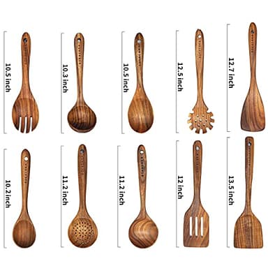 Wooden Spoons for Cooking,10 Pcs Natural Teak Wooden Kitchen Utensils Set Wooden Utensils for Cooking Wooden Cooking Utensils Wooden Spatulas for Cooking (10) - Image 2