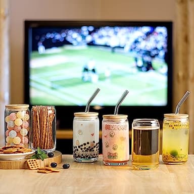 [ 12pcs Set ] Glass Cups with Bamboo Lids and Glass Straw - Beer Shaped Drinking Glasses, 16 oz Iced Coffee Glasses, Cute Tumbler Cup for Smoothie, Boba Tea, Whiskey, Water - 4 Cleaning Brushes - Image 6