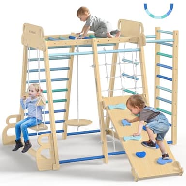 Upgraded Indoor Playground 9-in-1 Jungle Gym Kids Climbing Toys, Montessori Philosophy Waldorf Style Wooden Climber Playset with Slide, Swing, Monkey Bars, Upright/Rope Ladder, Climb Net, Blue - Image 1
