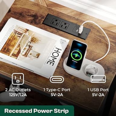 Huuger Nightstand with Charging Station, 27.6 Inch Bedside Table with Fabric Drawers, End Table with USB Ports and Outlets, Night Stand for Bedroom, Rustic Brown - Image 4