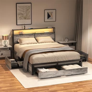 HAUSOURCE LED Bed Frame Full Size with Headboard & 4 Storage Drawers Platform Bed Frame with 2 Charging Outlets and 2 USB Ports Strong Metal Slats Support No Box Spring Needed - Image 1