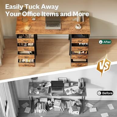 Huuger 47 Inch Computer Desk with 8 Fabric Drawers, Office Desk Work Desk for Home Office, Study, Gaming Desk with Drawers, Large Storage, Rustic Brown - Image 3