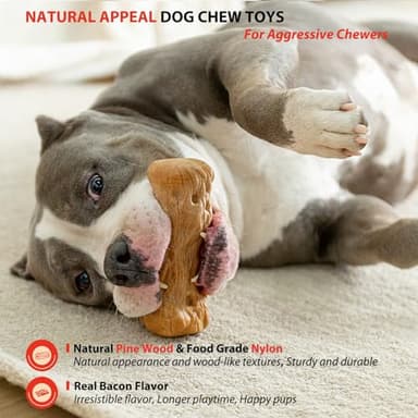 Willjoy 3-Pack Dog Toys for Aggressive Chewers, Chew Toys for Aggressive Chewers, Pine Wood & Nylon, Bacon Flavor Aggressive Chew Toys for Large Dogs, Long Lasting Dog Chews Alternative to Real Sticks - Image 3