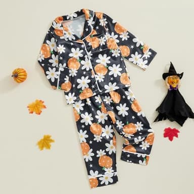 Honganda Kids Toddler Baby Girl Boy Halloween Pajamas Set Ghost Pumpkin Pajama Shirt Top Pants Satin Loungewear Outfits (Black Orange, 2-3 Years) - Image 3