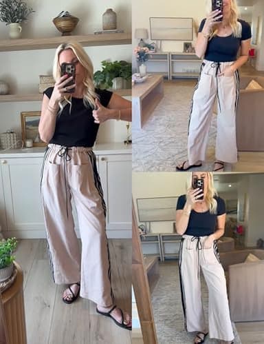 Hongsui Women's Wide Leg Pants Drawstring High Rise Side Striped Slouchy Palazzo Pants with Pockets (Khaki-XL) - Image 2