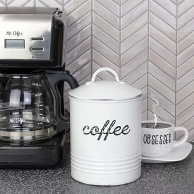 AuldHome Design Enamelware White Coffee Canister; Rustic Distressed Style Tea Storage for Kitchen - Image 2