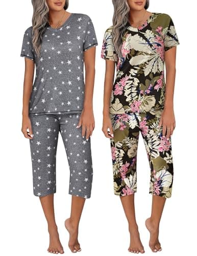 Ekouaer 2 Pack Pajamas for Women Set Short Sleeve 2 Piece Pjs V Neck Tops & Capri Pants Lounge Sets with Pockets S-3XL - Image 1