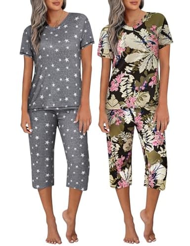 Ekouaer 2 Pack Pajamas for Women Set Short Sleeve 2 Piece Pjs V Neck Tops & Capri Pants Lounge Sets with Pockets S-3XL - Image 1