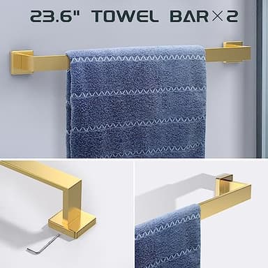 Dorudon atrox 7 Piece Gold Bathroom Hardware Set with Brushed Gold Bathroom Accessories - Square 2 Towel Bars Towel Rack Stainless Steel 23-Inch - Image 2