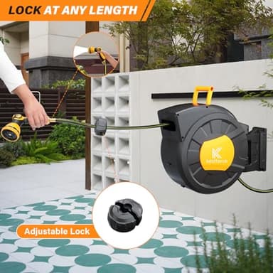Retractable Hose Reel, 1/2 Inch x 98 FT Compact Water Hose Reel Wall Mounted Garden Hose Reel with 10 Pattern Nozzles, Any Length Lock, Slow Rewind Storage, 180°Swivel Bracket - Image 6