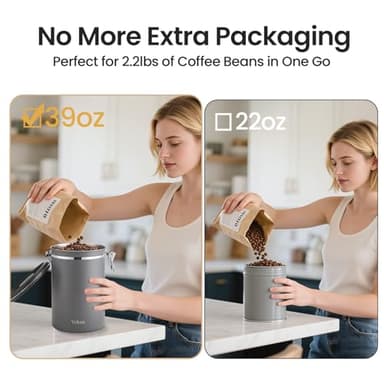 Veken Coffee Canister, 39OZ Large, Airtight Stainless Steel Food Storage Container for 2.2lbs Coffee Beans, Ground, Sugar, Tea, Flour, Cereal, Kitchen Bar Accessories with Date Tracker & Scoop, Gray - Image 3