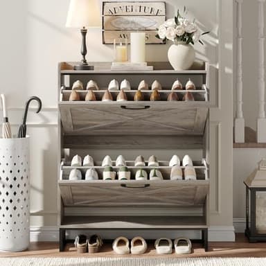 Maupvit Shoe Cabinet with 2 Flip Drawers, Freestanding Shoe Cabinet Organizer with Metal Legs, Shoes Storage Cabinet for Entryway, Narrow Shoe Rack Cabinet, Washed Gray - Image 3