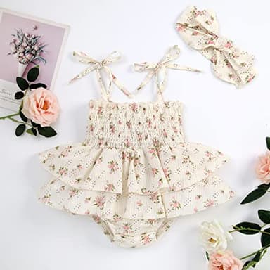 Baby Girls Daisy Playsuits Bodysuit+Headband Print Halter Romper Floral Jumpsuit Infant Summer Clothes (Y-Beige, 0-3 Months) - Image 2