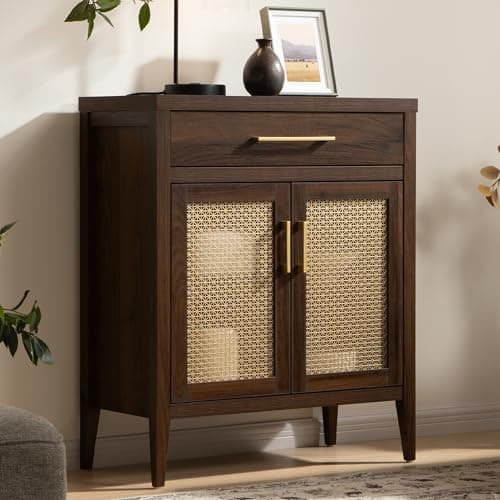 SICOTAS Buffet Cabinet - 30“ Sideboard Cabinet Modern Credenza with Drawers and Metal Mesh Doors, Accent Buffet Table Coffee Bar for Living Room Kitchen Entryway Hallway, Espresso Walnut - Image 1