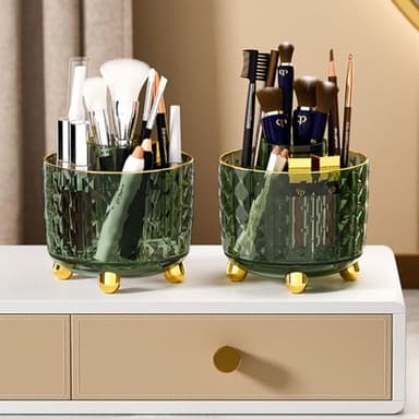GOTOBA Dark Green Pen Pencil Holder for Desk, 360° Rotating Pen Organizer, Green Office Supplies, Cute Pen Holder, 6-Compartment Pencil Holder Rotating - Image 4