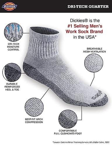 Dickies Men's Dri-Tech Moisture Control Quarter Socks (6, 12, 18 Pairs), Grey (6 Pairs), Large - Image 2