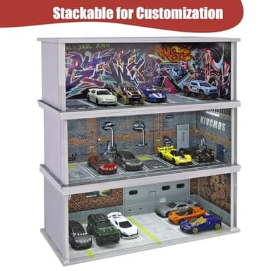 Saichotoy Display Case for Hot Wheels: Stackable Parking Garage for 1/64 Scale Matchbox Toy Car, FoamBoard Storage for Monster Trucks with LED Light and Acrylic Cover, Graffiti Wall - Image 4