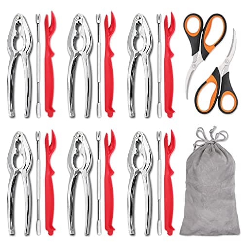 Hiware 20-piece Seafood Tools Set includes 6 Crab Crackers, 6 Lobster Shellers, 6 Crab Leg Forks/Picks and 2 Seafood Scissors & Storage Bag - Nut Cracker Set - Image 1