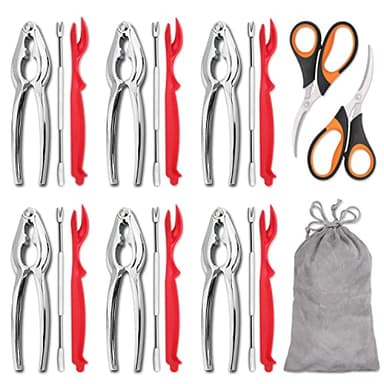 Hiware 20-piece Seafood Tools Set includes 6 Crab Crackers, 6 Lobster Shellers, 6 Crab Leg Forks/Picks and 2 Seafood Scissors & Storage Bag - Nut Cracker Set - Image 1