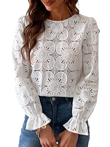 CUPSHE Women Eyelet Long Sleeve Tops Shirts Dressy Hollow Out Crochet Lace Embroidered Blouses 2025 Fashion Top White - Image 1