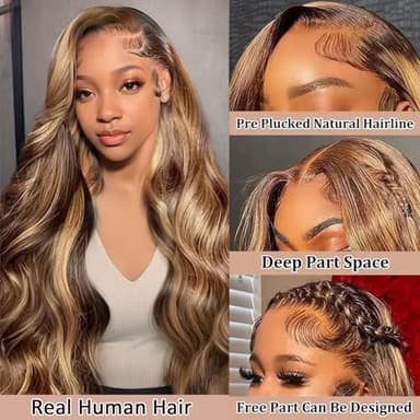 Agairl Real Human Hair Wig 30 Inch Ombre 13x6 Lace Front Wig Human Hair 210% Density 4/27 Highlight Wigs Honey Blonde Body Wave Lace Front Wig Pre Plucked HD Frontal Wig Glueless Wigs - Image 2
