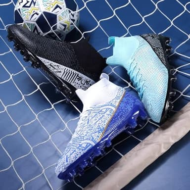 curunect Boys Girls Soccer Cleats Lightweight High-top Training Football Shoes for Youth Non-Slip Kids Soccer Futsal Shoes, Tacos de Futbol para niños, Blue/White/Gold, Little Kid 13 - Image 7