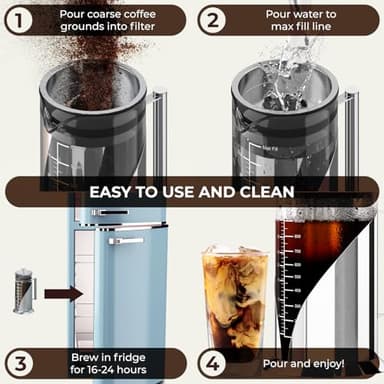 Start Brewing Perfect Iced Coffee & Tea w/ Our Cold Brew Coffee Maker, Pitcher for Fridge (34oz) - Air Tight Seal, Measuring Label - Stainless Steel Iced Coffee Maker Machine, Brewer - Cafe Du Chateau - Image 4