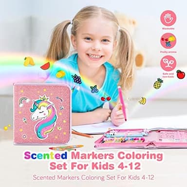 53PCS Fruit Scented Markers Set - Art Coloring Drawing Kits for Kids with Unicorn Pencil Case, Art Supplies for Kids Ages 4 6 8,Stationary Set Pencil,Crayon&Markers Stuff,Birthday Gifts Toys for Girls - Image 6
