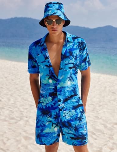 EISHOPEER Men's Holiday Hawaiian Shirt and Short 2 Piece Outfits Sets with Bucket Hats XXL-Large - Image 3