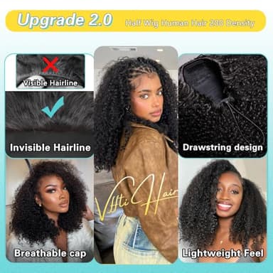 VFFTI Kinky Curly Half Wig Human Hair 200 Density 3 In 1 Drawstring Seamless Flip Half Wigs Wear Go Glueless Wigs Human Hair 18 Inch Curly Half Wig for Women Drawstring Headband Wig Beginner Friendly - Image 2
