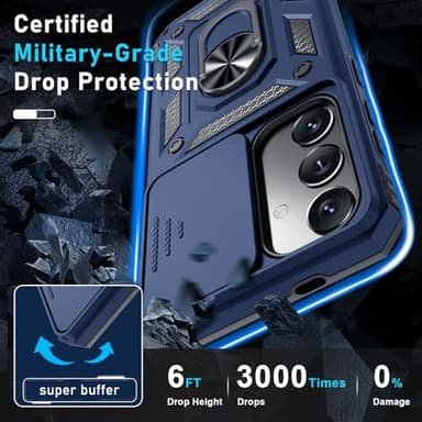 Janmitta Compatible with Samsung Galaxy S25 Plus/S24 Plus Case Built in Slide Camera Lens Cover+Screen Protector+Finger Ring Holder Kickstand,Heavy Duty Shockproof Full Body Phone Cover,Blue - Image 5