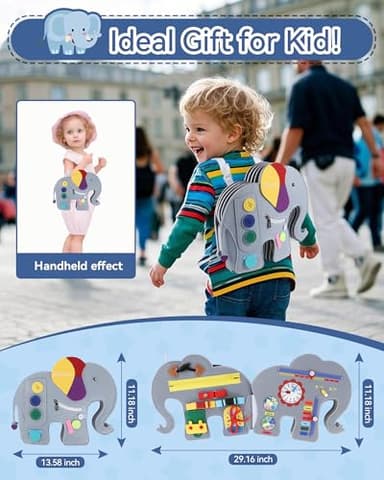 Heypappy Busy Board, 12 in 1 Educational Busy Book Learning Sensory Toys for Toddlers with Fine Motor Skills, Busy Book Toys with Backpack Strap, Elephant Shape - Image 6