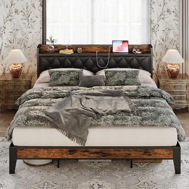 ANCTOR California King Bed Frames, Storage Headboard with Outlets, Easy to Install, Sturdy and Stable, No Noise, No Box Springs Needed, Rustic Brown and Black - Image 3