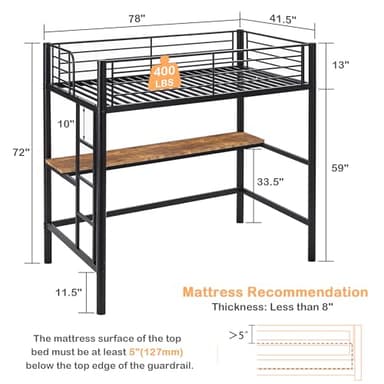 VECELO Metal Loft Bed Twin Size with Desk, Heavy Duty Bedframe with Removable Ladder and Safety Guardrail, Space-Saving, Noise Free, No Box Spring Needed, Matte Black - Image 2