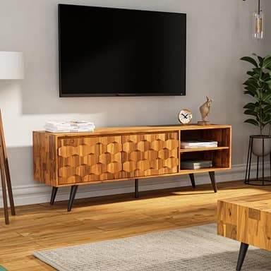 Bme Georgina Solid Wood, 10 Minutes Assembly Entertainment Center with Storage Geometric Pattern Console for Living, Bedroom, Dining Room, TV Stand 65 Inch, Teak Brown - Image 6