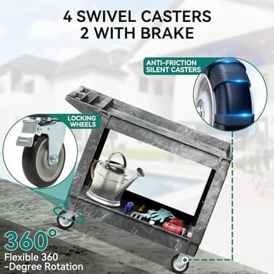 YITAHOME Utility Cart on Wheels, 550 lbs 2 Shelf Heavy Duty Rolling Carts, 45 x 25 in Plastic Service Cart Work Carts with Wheels for Warehouse Garage School & Office, Cleaning, Gray - Image 6