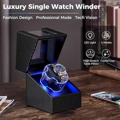 ANWBROAD Watch Winder for Automatic Watches, 4 Modes Automatic Single Watch Winder with Next Gen LED Crystal Design, Rotating Watch Case with Super Quiet Motor, Type-c Adapter or Battery Powered - Image 3