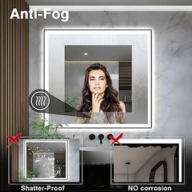 EchosLife 36x36 Square LED Bathroom Mirror - Black Aluminum Framed (Front and Backlit), Anti-Fog Vanity Mirror with Lights, Stepless Dimmable Lighted Mirror,3 Colors Smart Mirror(Horizontal/Vertical) - Image 5