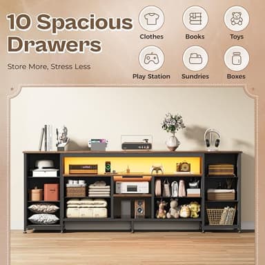 Huuger 63 Inch LED TV Stand Dresser with Power Outlets, USB-C Port and LED Lights, 10 Fabric Drawer Dresser for Bedroom, Long Entertainment Center for 65, 70 Inch TV, Open Shelves, Rustic Brown - Image 6