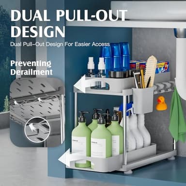 VERIFOST 2 Pack Adjustable Gray Under Sink Organizers, 2 Tier Pull Out Storage, Kitchen Bathroom Office Laundry Room Living Room - Image 3