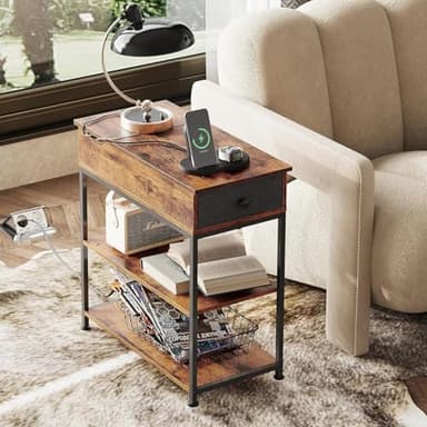 WLIVE Narrow Side Table with Charging Station, End Table for Living Room, Couch Side Table with Fabric Drawer for Bedroon, 11.8‘’W 23.6‘’L 24‘’H, Rustic Brown - Image 2