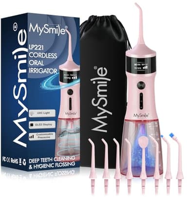 MySmile LP221 UVC Sterilizable Cordless Water Flossers for Teeth 335ML Portable OLED Display Dental Flosser with 4 Modes 8 Jet Tips and a Storage Pouch for Home and Travel (Juicy Pink) - Image 1