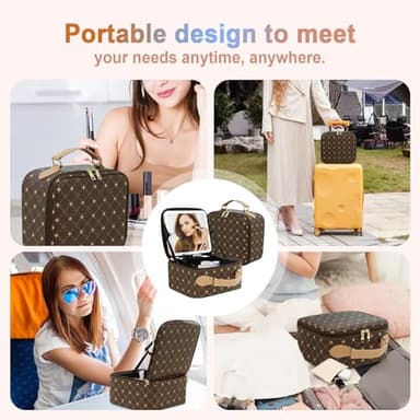 Travel Makeup Bag With 360° rotating LED Mirror,Waterproof cosmetic organizer,Portability Cosmetic case,Makeup organizer,Gift for Women,Girls Gift (Brown) - Image 8