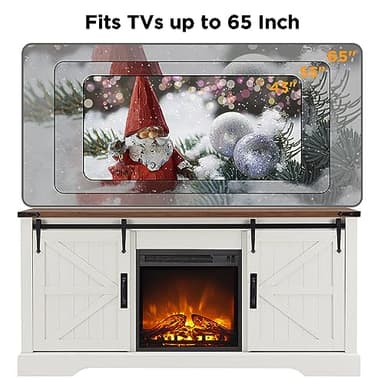 OKD Farmhouse Electric TV Stand for 65+ Inch TV, Rustic Entertainment Center with 18" Fireplace, Sliding Barn Door, Storage Shelves, Wood Media Console Cabinet for Living Room, Antique White - Image 6