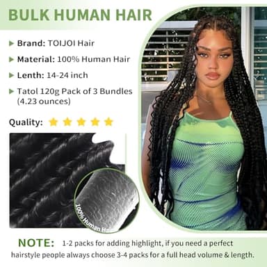 Human Braiding Hair for Boho Braids 120g 20 Inch 12A Deep Water Wave Bulk Human Hair Knotless Boho Braiding Curly 100% Virgin No Weft Extensions Bohemian Braids 3 Bundles/Pack Natural Color - Image 3