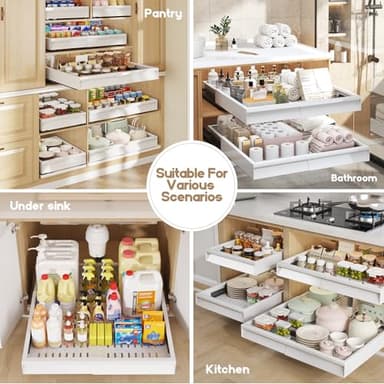 Seinloes 2 Pack Pull Out Cabinet Organizer With Raising Pad for Framed Cabinets,Expandable Width (13"-21") and Depth (17"-24"),3 Slide Rails Slide Out Drawers with Handle,No-Drill Roll Out Shelf,White - Image 7