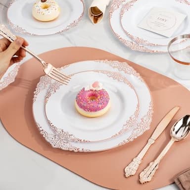 Bestluck 350PCS Rose Gold Plastic Plates for 50 Guests, Disposable Dinnerware Sets Include 100 Rose Gold Rim Plastic Plates, 50 Silverware and Cups, 50 Pre Rolled Napkins for Party, and Graduation - Image 6