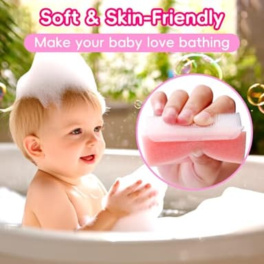 Cradle Cap Brush for Babies, Set of 5 Baby Bath Essentials with Bath Sponge Silicone Scrubber Long Handle Comb for Newborns Toddlers Boys Girls (Pink) - Image 3